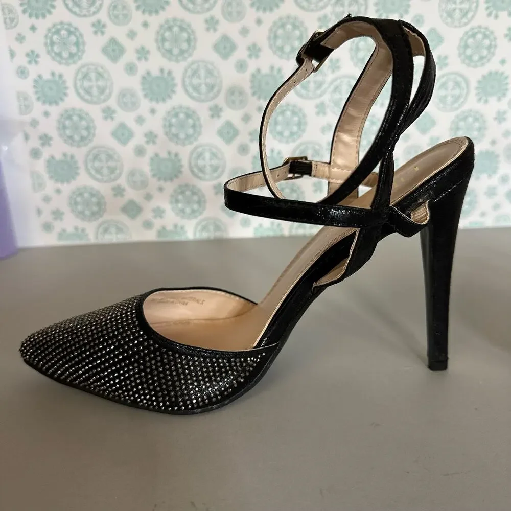 Liliana Womens Size‎ 10 Heels Pumps Stiletto Black Rhinestones Ankle Strap - Picture 7 of 13